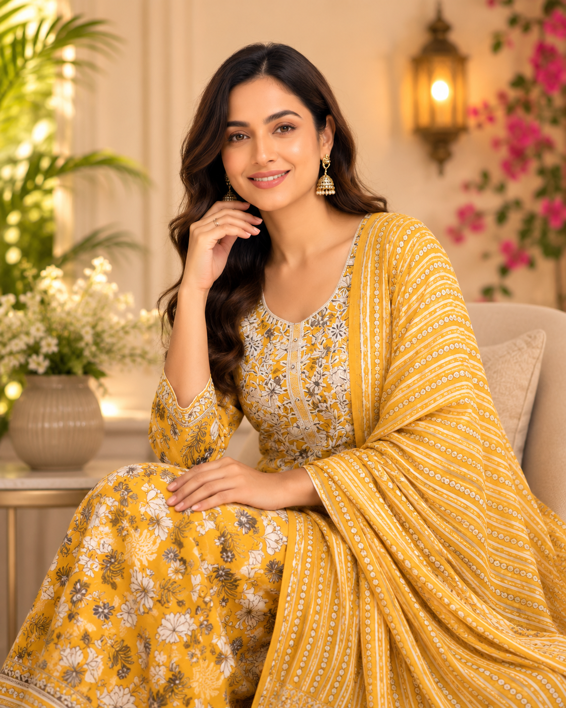 Bright Yellow Floral Printed Pure Cotton Suit Set with Dupatta | Women's Elegant Ethnic Wear