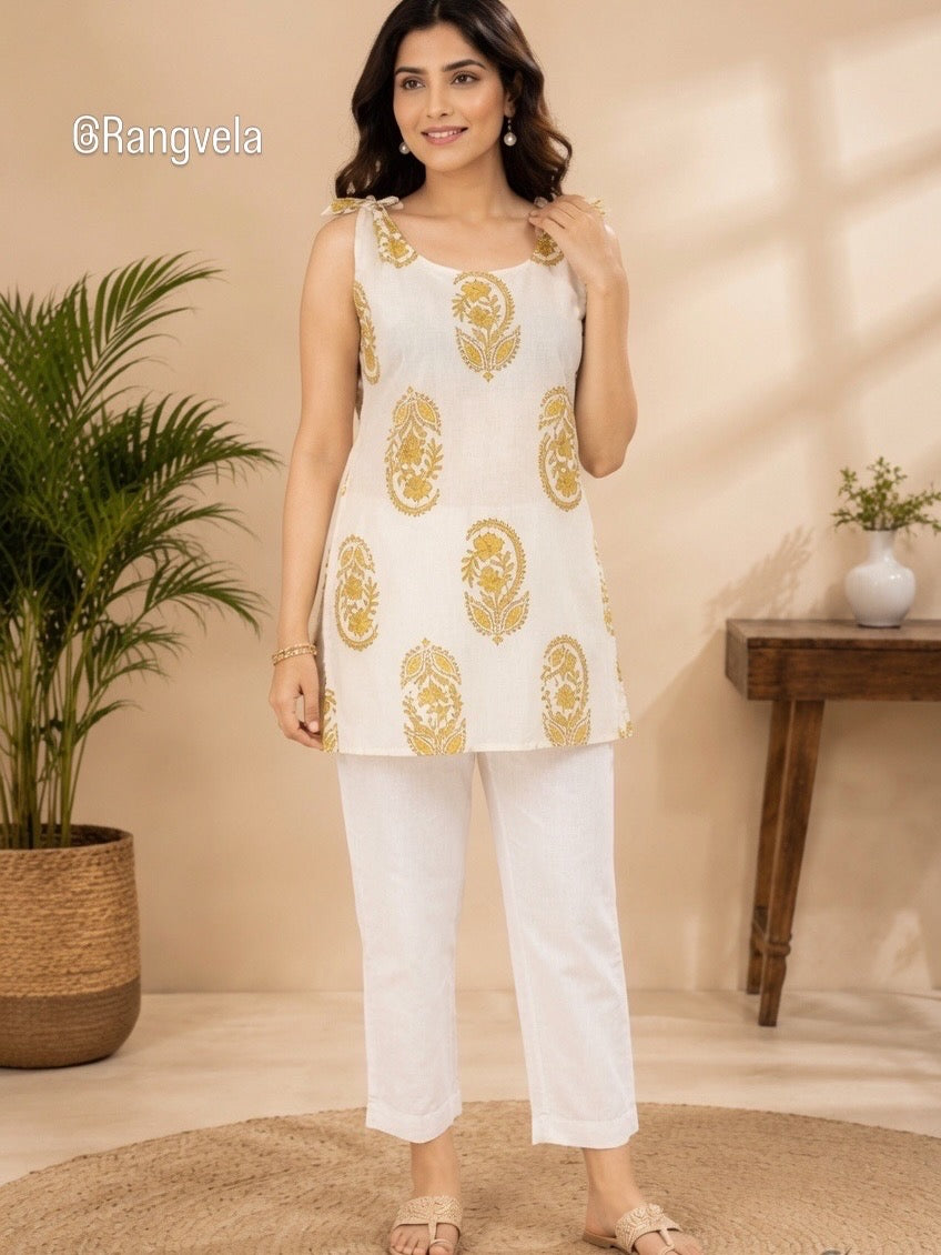 Chic Ivory and Yellow Floral Block Print Sleeveless Kurta Set
