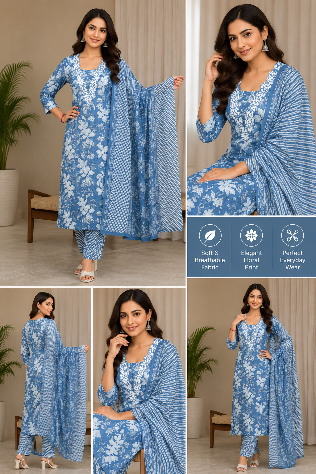 Women's Sky Blue Floral Printed Pure Cotton Kurta Pant Dupatta Set | Elegant Ethnic Wear Suit Set