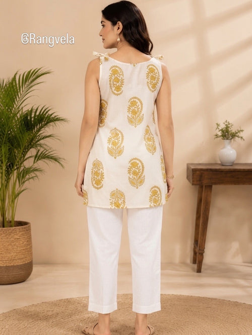 Chic Ivory and Yellow Floral Block Print Sleeveless Kurta Set