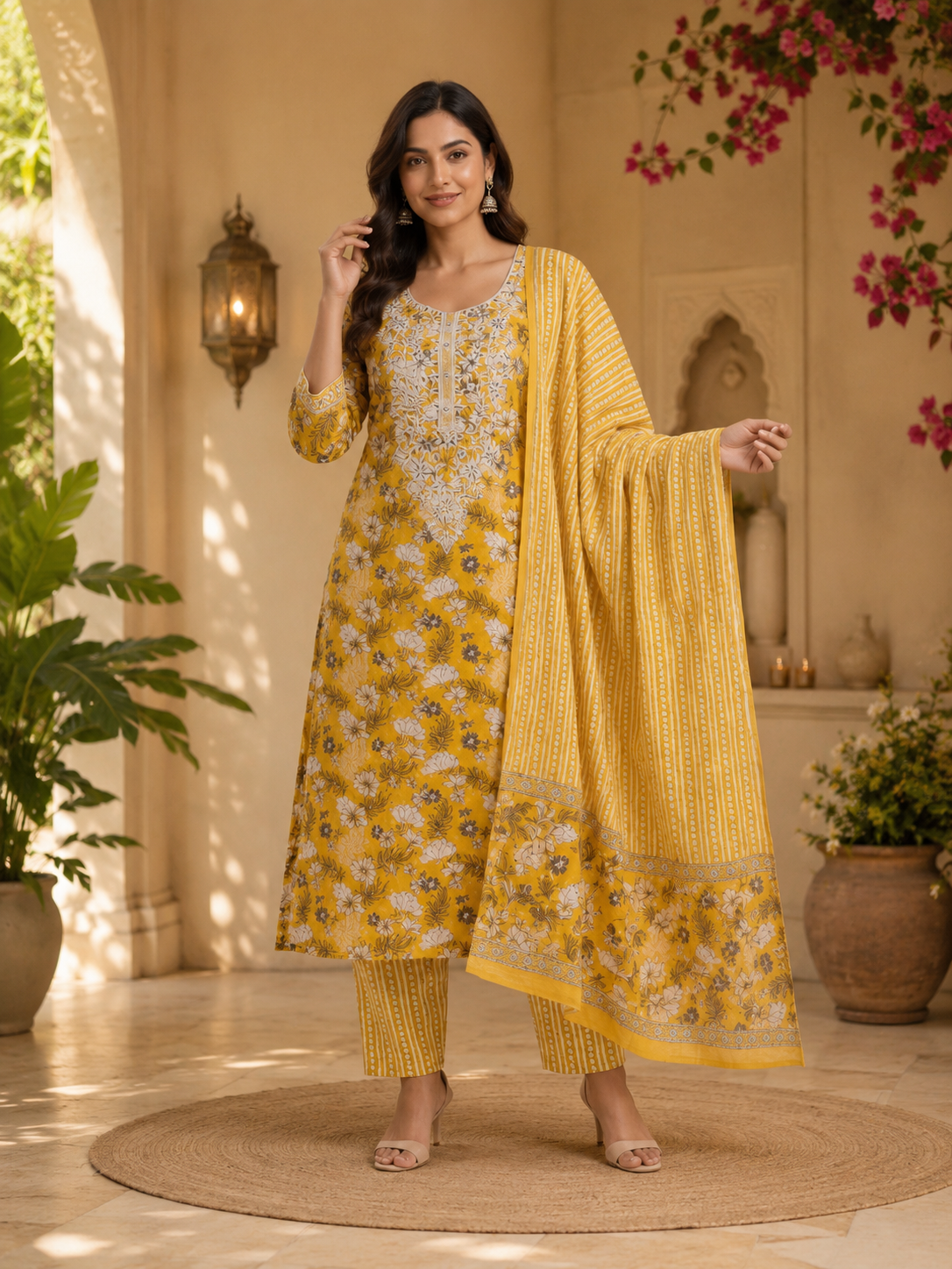 Bright Yellow Floral Printed Pure Cotton Suit Set with Dupatta | Women's Elegant Ethnic Wear