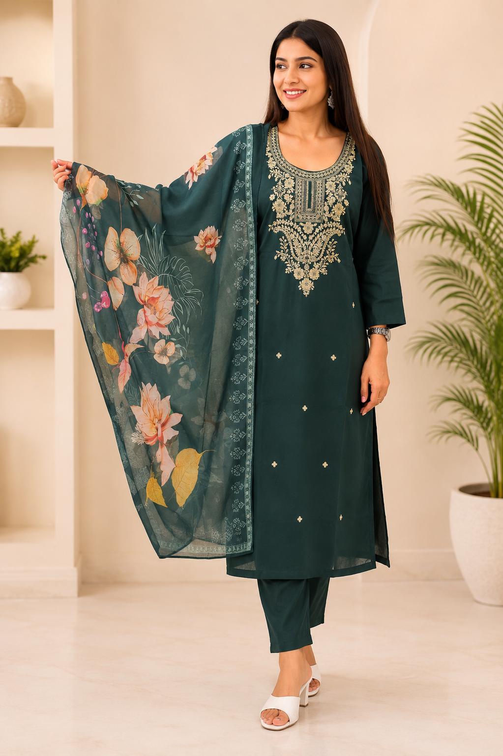 Women’s Purple Embroidered Kurta Pant Set with Floral Printed Dupatta