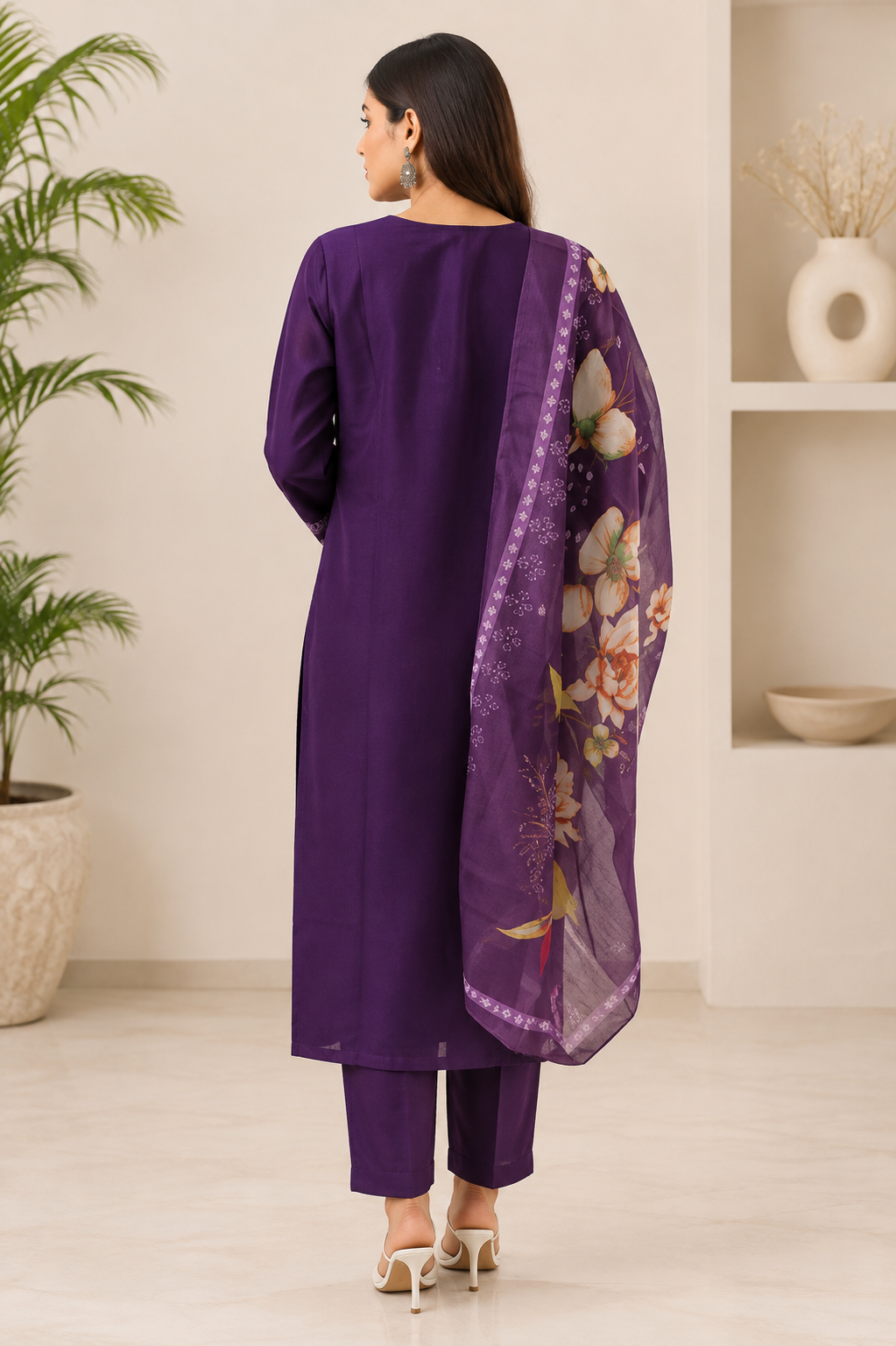 Women’s Purple Embroidered Kurta Pant Set with Floral Printed Dupatta