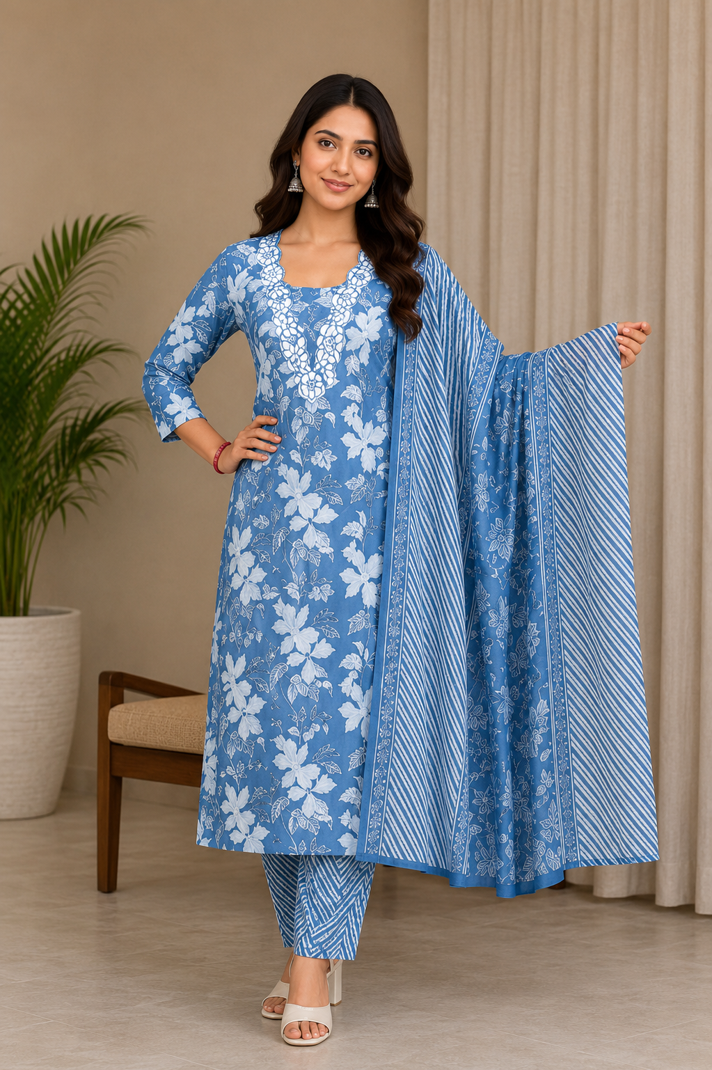 Women's Sky Blue Floral Printed Pure Cotton Kurta Pant Dupatta Set | Elegant Ethnic Wear Suit Set