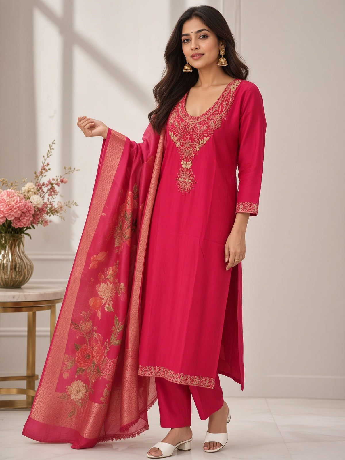 Women’s Purple Embroidered Kurta Pant Set with Floral Printed Dupatta