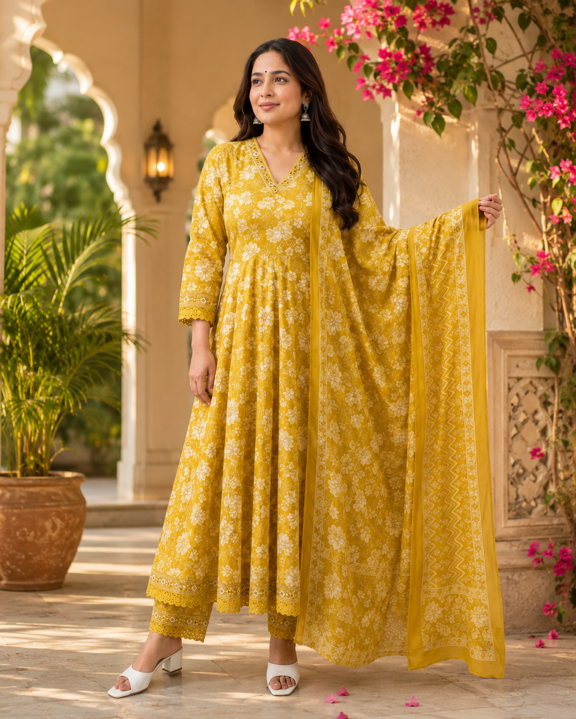 Sunshine Yellow Floral Cotton Anarkali Suit Set with Dupatta | Women's Elegant Ethnic Wear