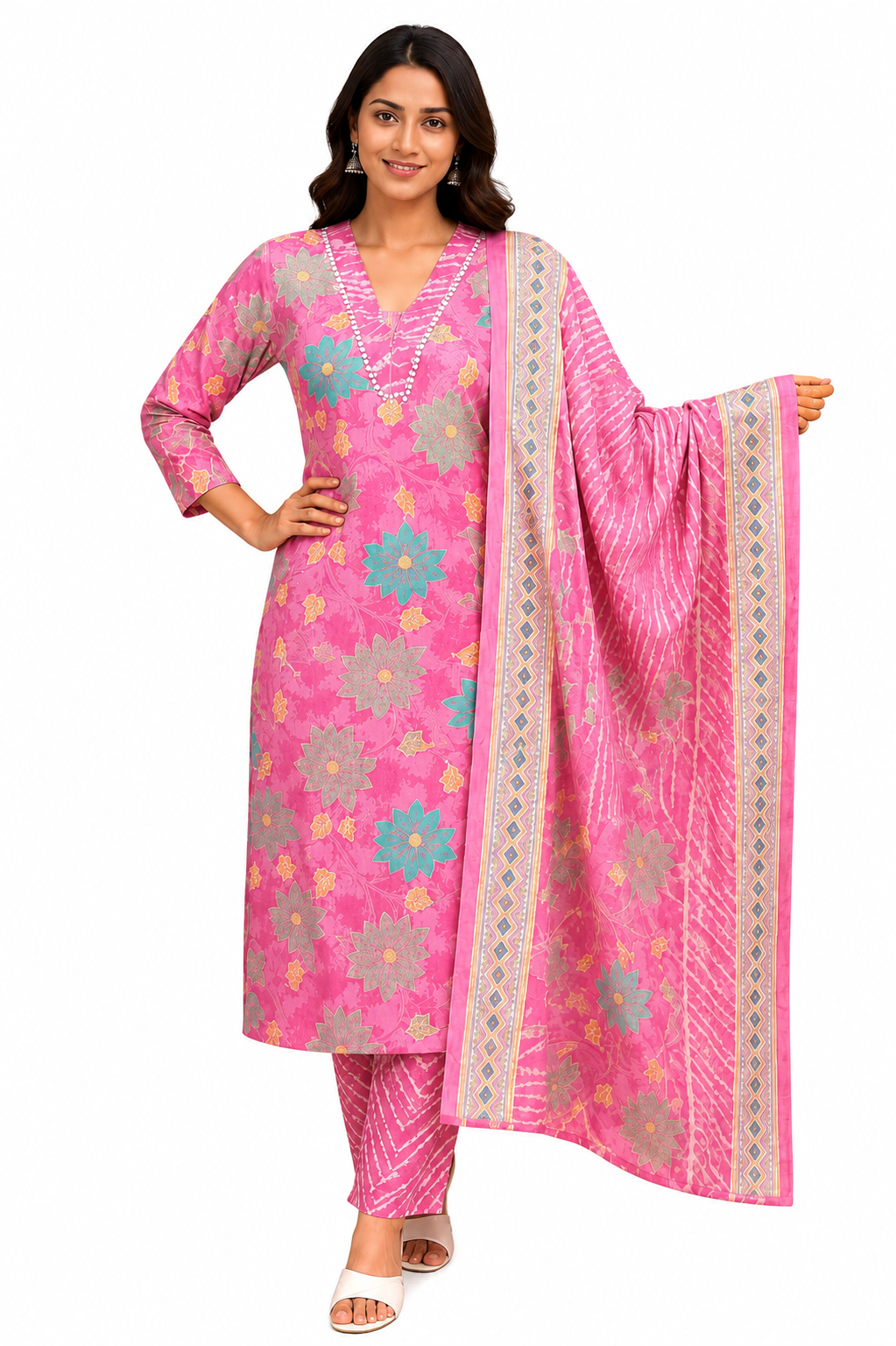 Women's Pure Cotton Pink Floral Printed Kurta Pant Dupatta Set | Ethnic Daily Wear Suit Set