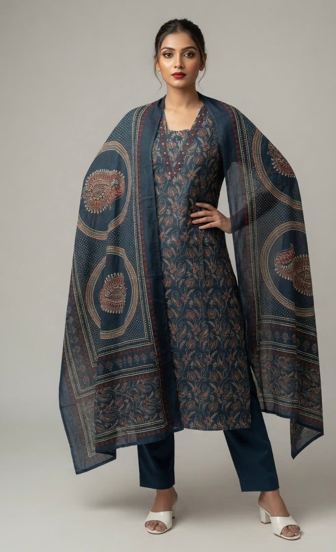 Elegant Indigo Blue Paisley Print Kurta Set with Dupatta