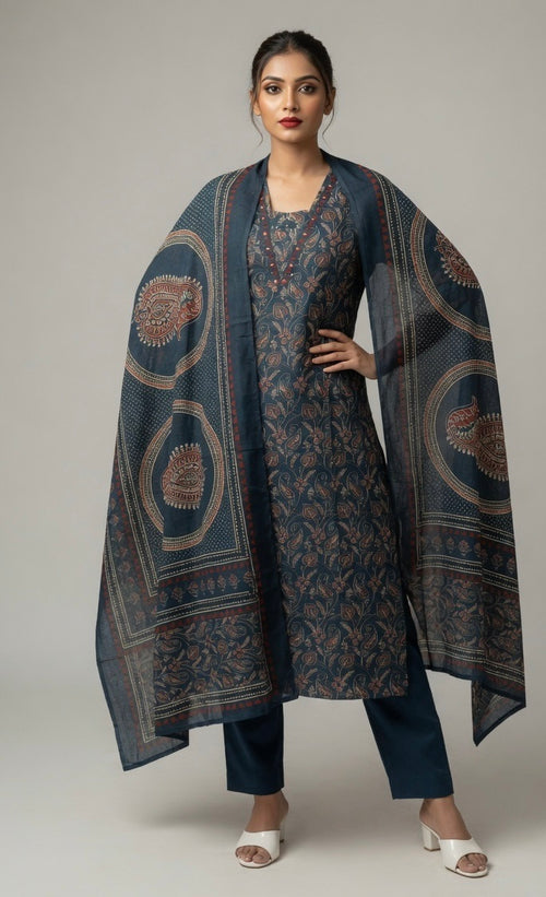 Elegant Indigo Blue Paisley Print Kurta Set with Dupatta
