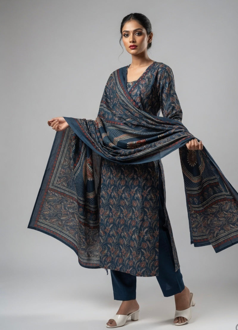 Elegant Indigo Blue Paisley Print Kurta Set with Dupatta