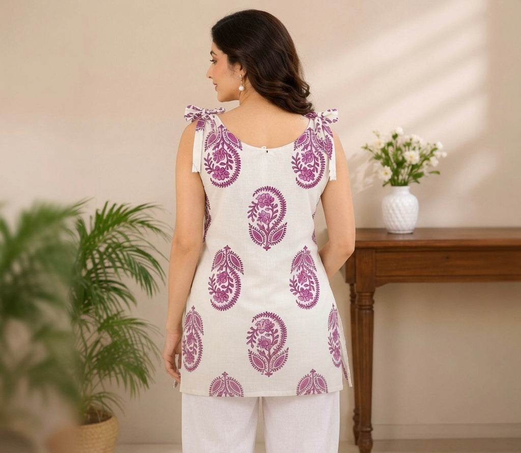 Elegant Ivory and Purple Floral Block Print Sleeveless Kurta Set