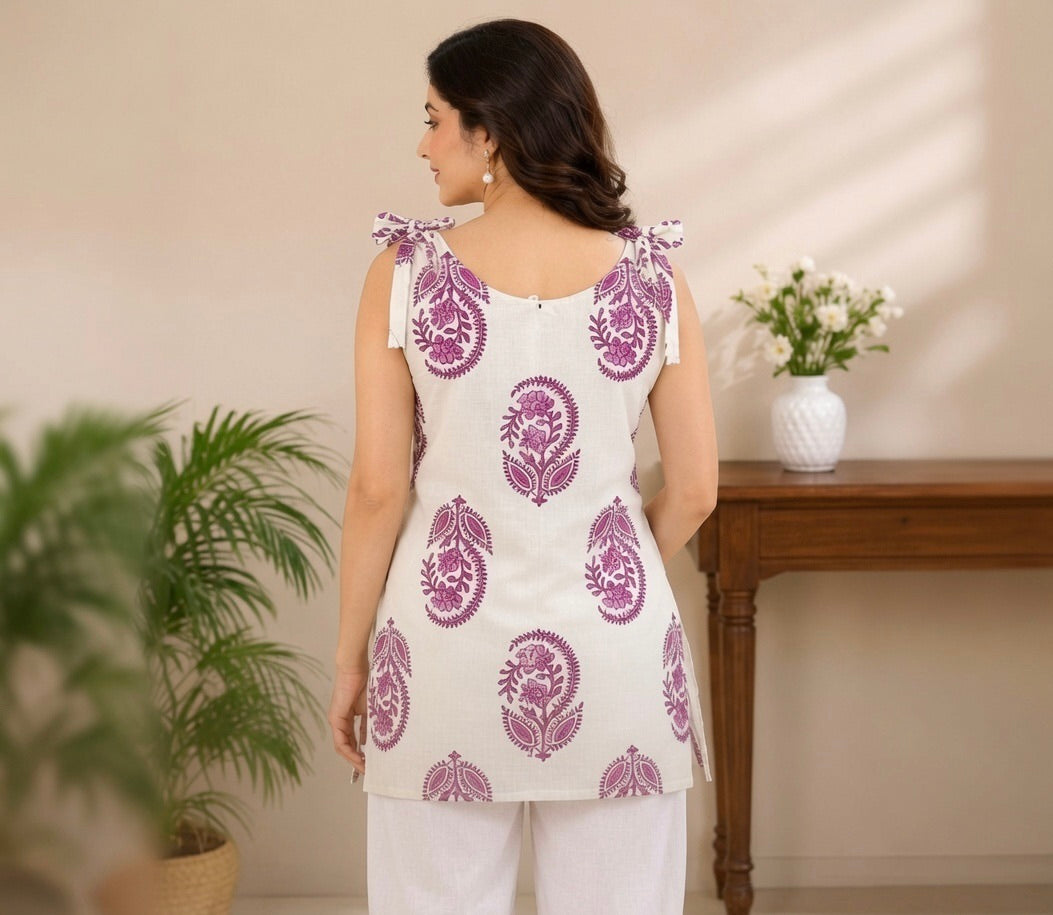 Elegant Ivory and Purple Floral Block Print Sleeveless Kurta Set
