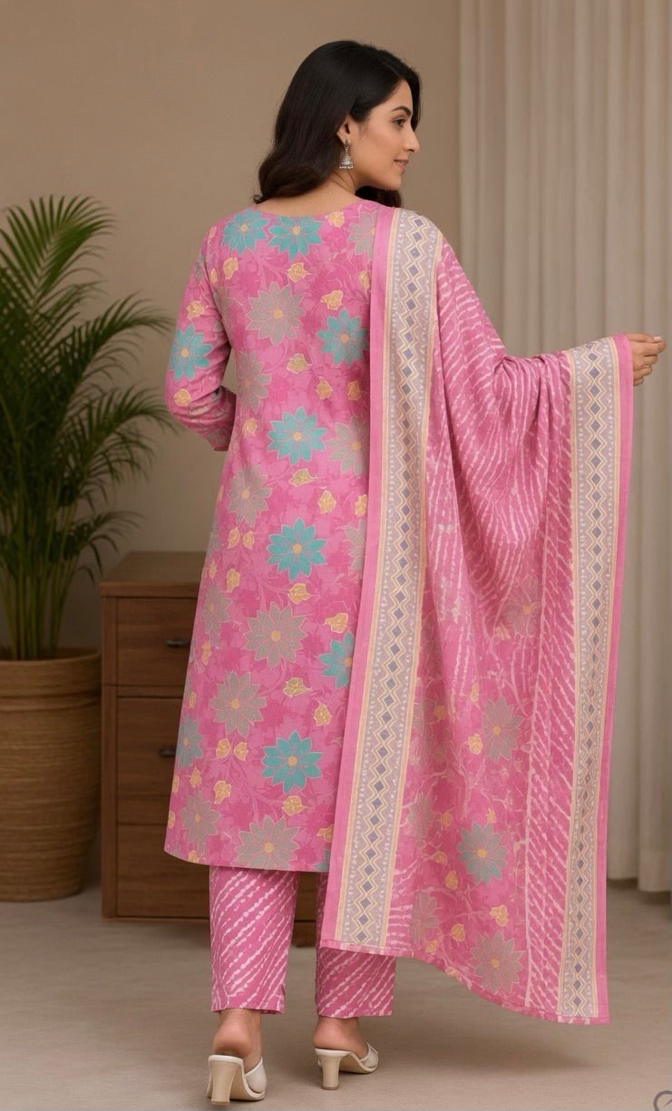 Women's Pure Cotton Pink Floral Printed Kurta Pant Dupatta Set | Ethnic Daily Wear Suit Set