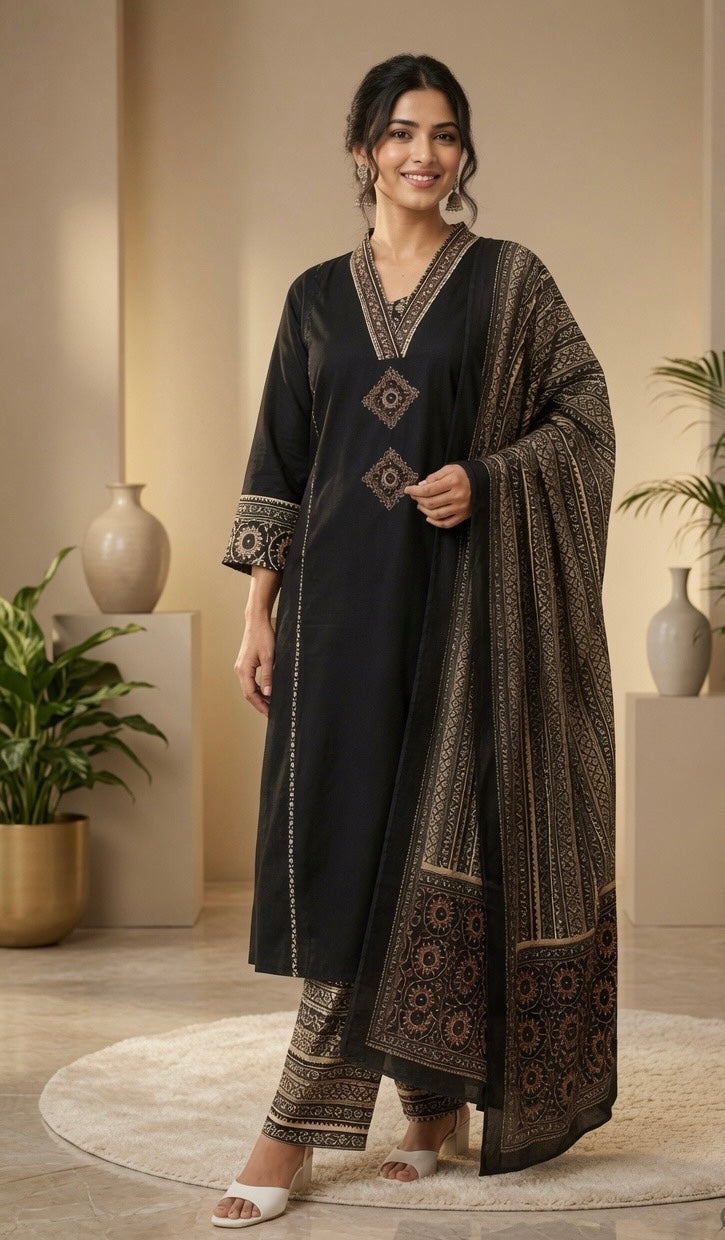 Elegant Black Pure Cotton Printed Kurta Pant Dupatta Set for Women | Ethnic Daily Wear Suit Set