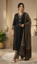 Elegant Black Pure Cotton Printed Kurta Pant Dupatta Set for Women | Ethnic Daily Wear Suit Set