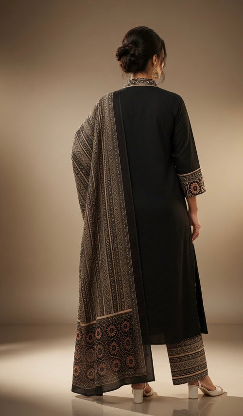 Elegant Black Pure Cotton Printed Kurta Pant Dupatta Set for Women | Ethnic Daily Wear Suit Set