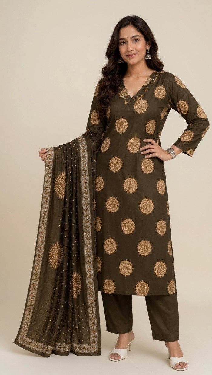 Elegant Mehndi Green Printed Pure Cotton Suit Set for Women