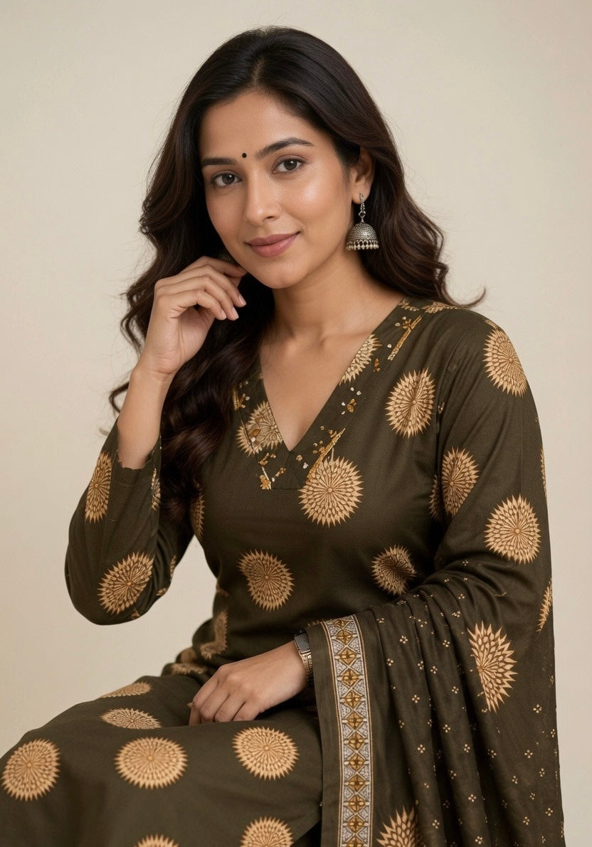 Elegant Mehndi Green Printed Pure Cotton Suit Set for Women