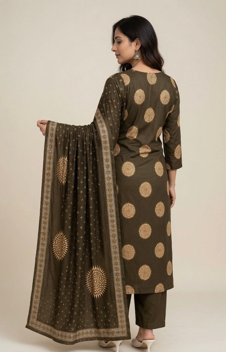 Elegant Mehndi Green Printed Pure Cotton Suit Set for Women