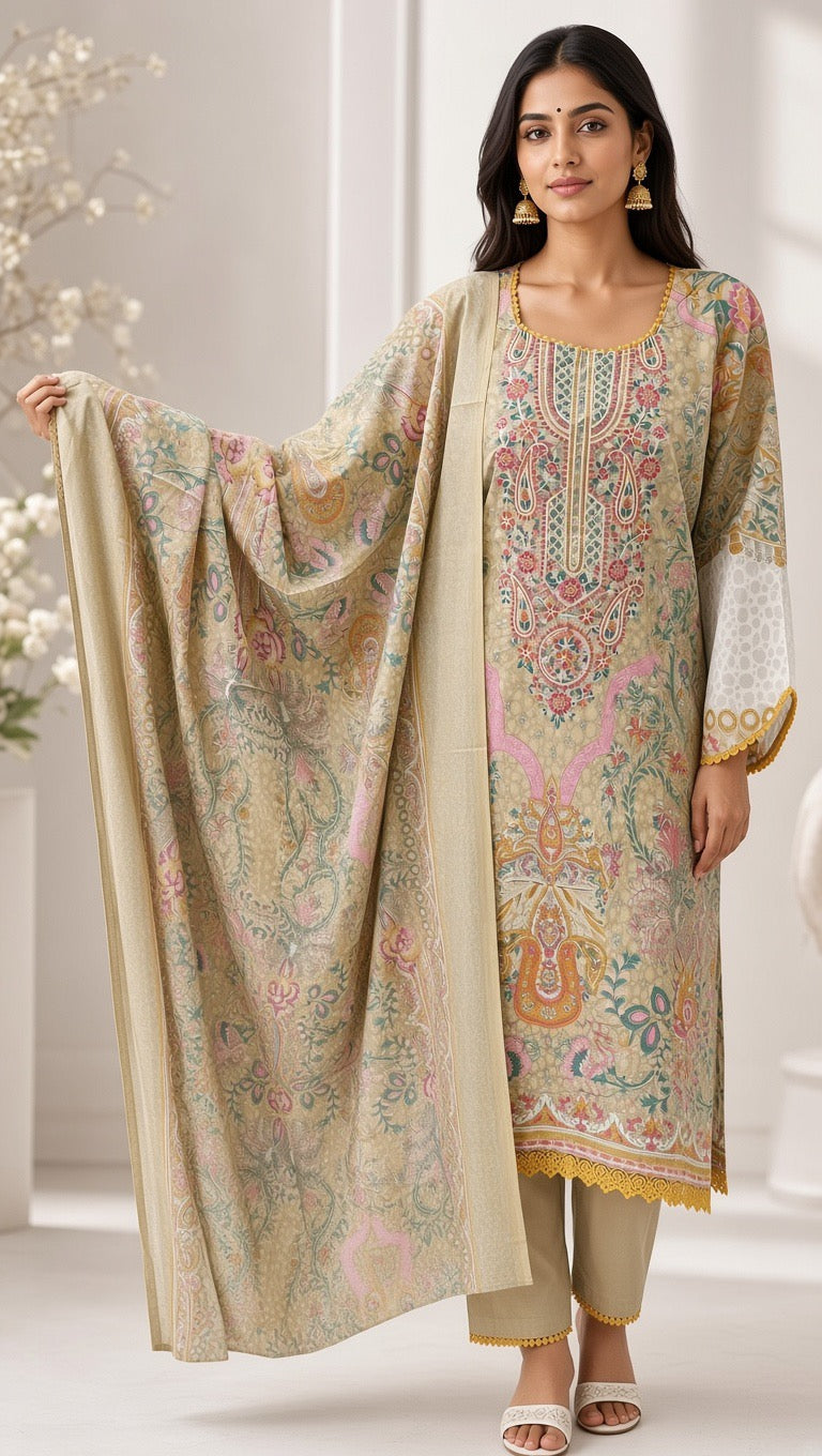 Women's Pastel Pink Printed Kurta Set, Elegant Embroidered Neckline, Matching Heavy Printed Dupatta, 3-Piece Festive Salwar Suit