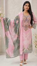 Women's Pastel Pink Printed Kurta Set, Elegant Embroidered Neckline, Matching Heavy Printed Dupatta, 3-Piece Festive Salwar Suit