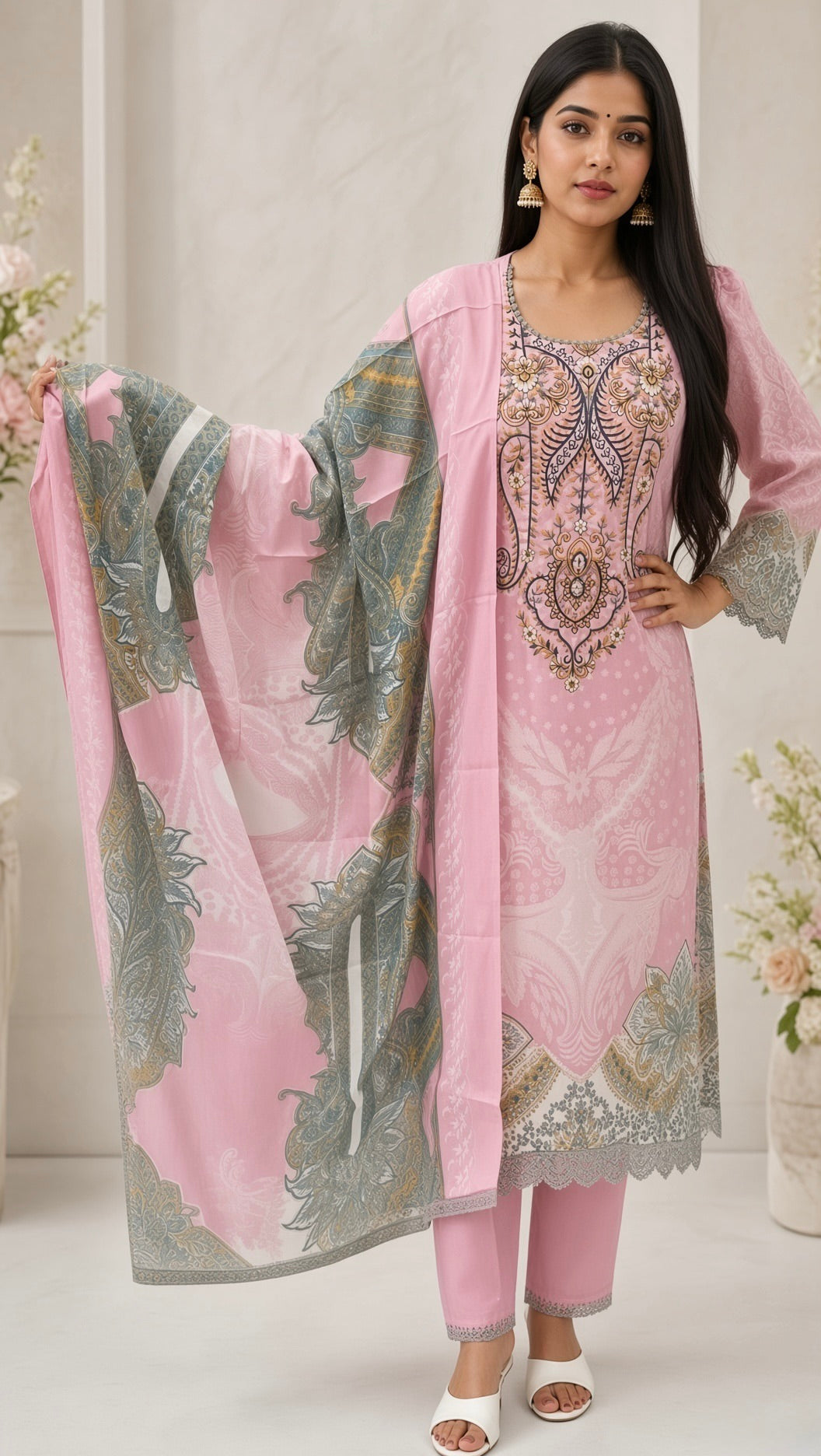 Women's Pastel Pink Printed Kurta Set, Elegant Embroidered Neckline, Matching Heavy Printed Dupatta, 3-Piece Festive Salwar Suit