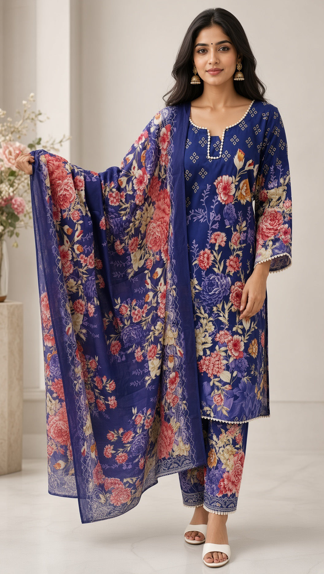 Elegant Royal Blue Straight Kurti, Pink and Cream Botanical Patterns, Printed Trousers, Premium Ethnic Wear Set