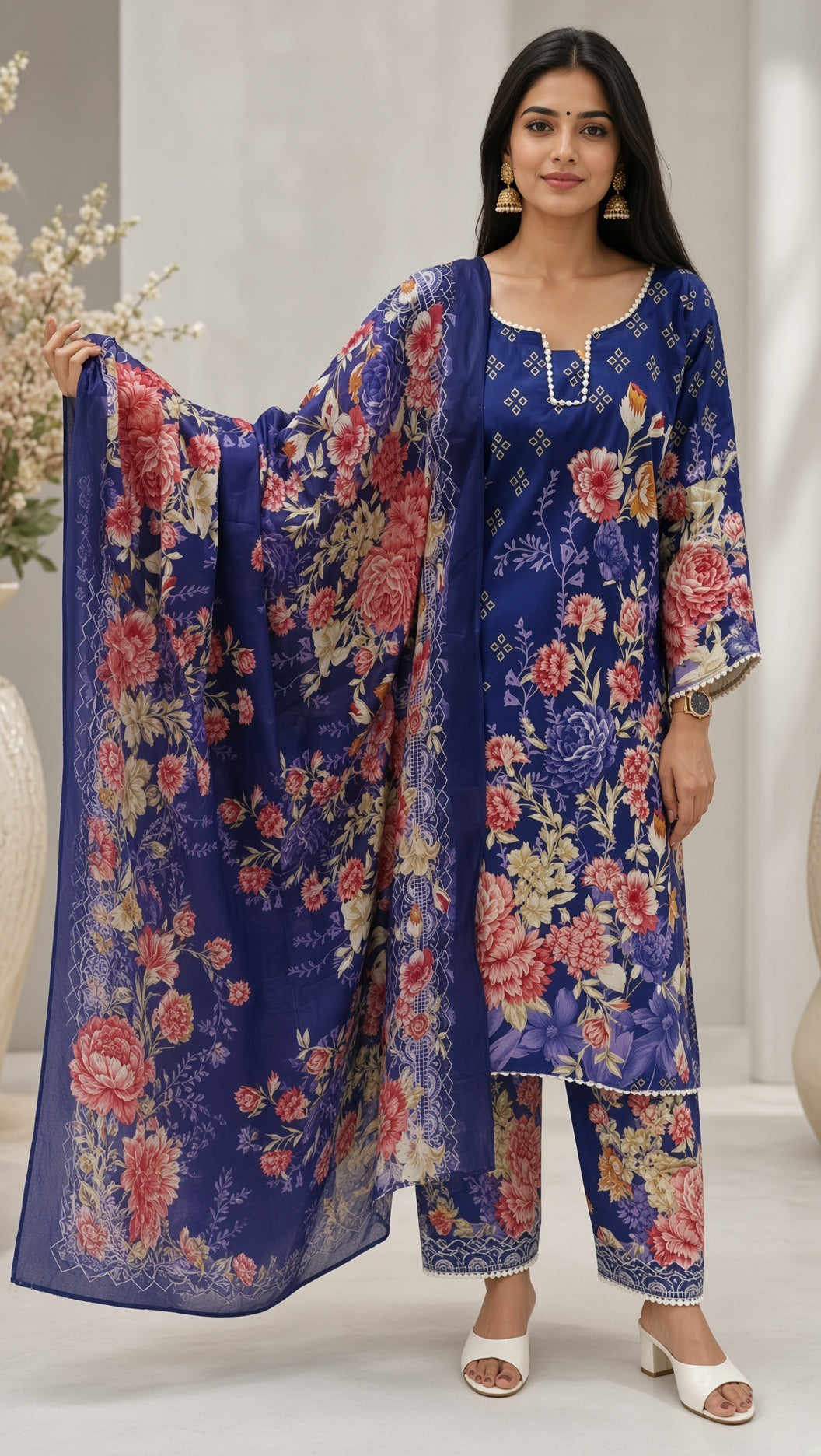 Elegant Royal Blue Straight Kurti, Pink and Cream Botanical Patterns, Printed Trousers, Premium Ethnic Wear Set