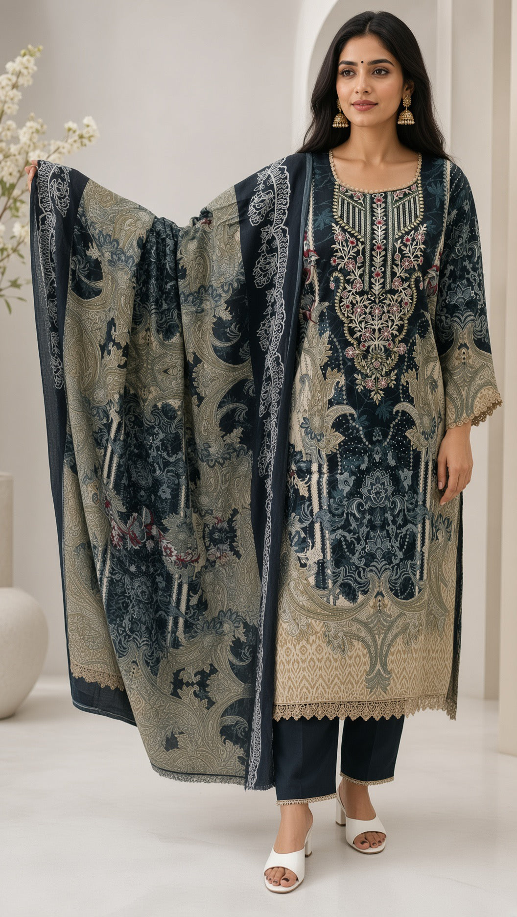 Women's Pastel Pink Printed Kurta Set, Elegant Embroidered Neckline, Matching Heavy Printed Dupatta, 3-Piece Festive Salwar Suit