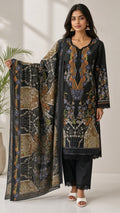 Women's Black Printed Kurta Set, Multicolored Floral Patterns, Matching Heavy Dupatta, 3-Piece Festive Salwar Suit