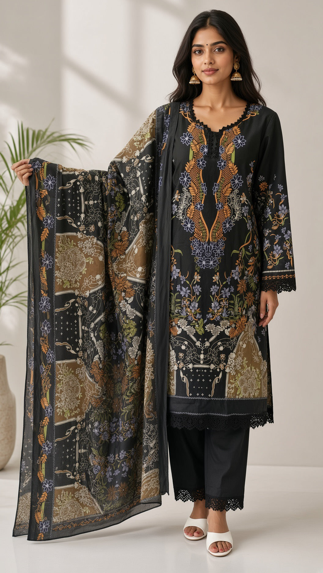 Women's Black Printed Kurta Set, Multicolored Floral Patterns, Matching Heavy Dupatta, 3-Piece Festive Salwar Suit