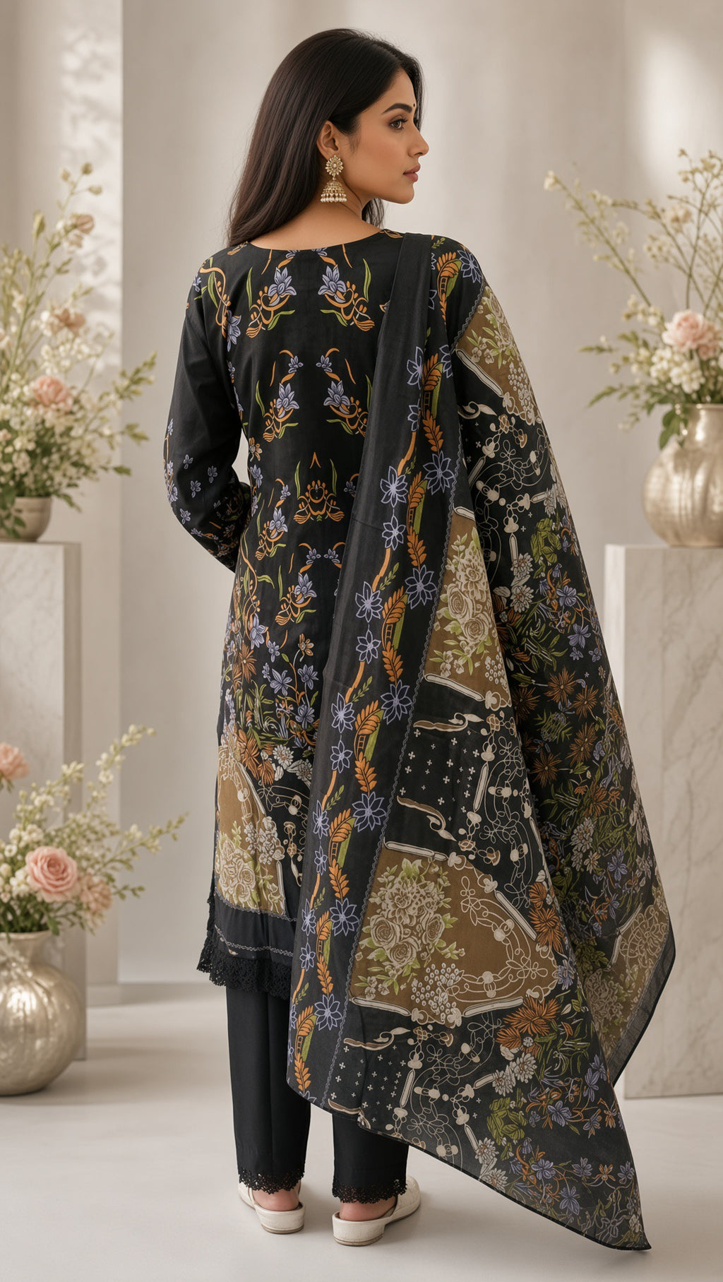 Women's Black Printed Kurta Set, Multicolored Floral Patterns, Matching Heavy Dupatta, 3-Piece Festive Salwar Suit