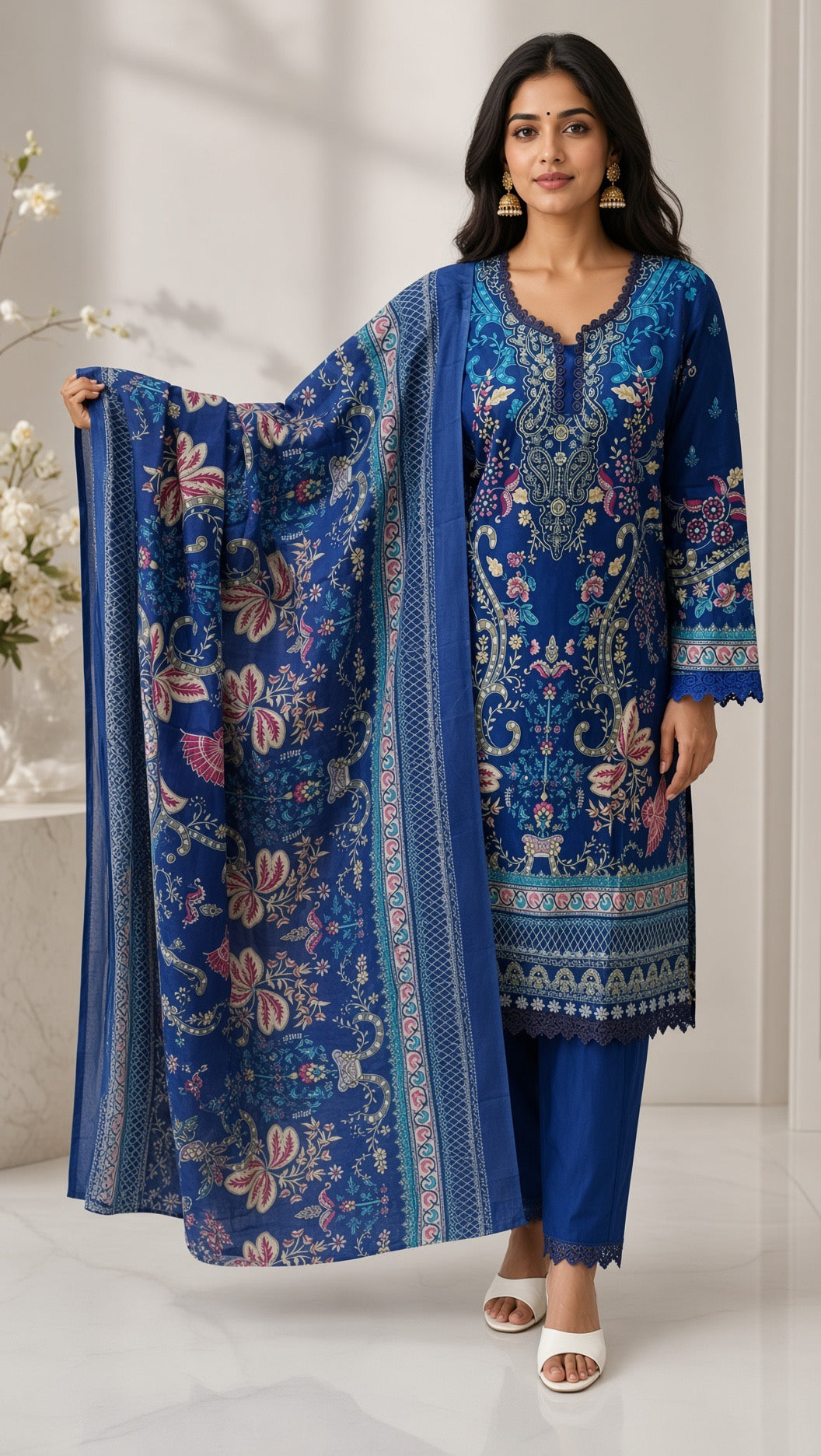 Women's Black Printed Kurta Set, Multicolored Floral Patterns, Matching Heavy Dupatta, 3-Piece Festive Salwar Suit