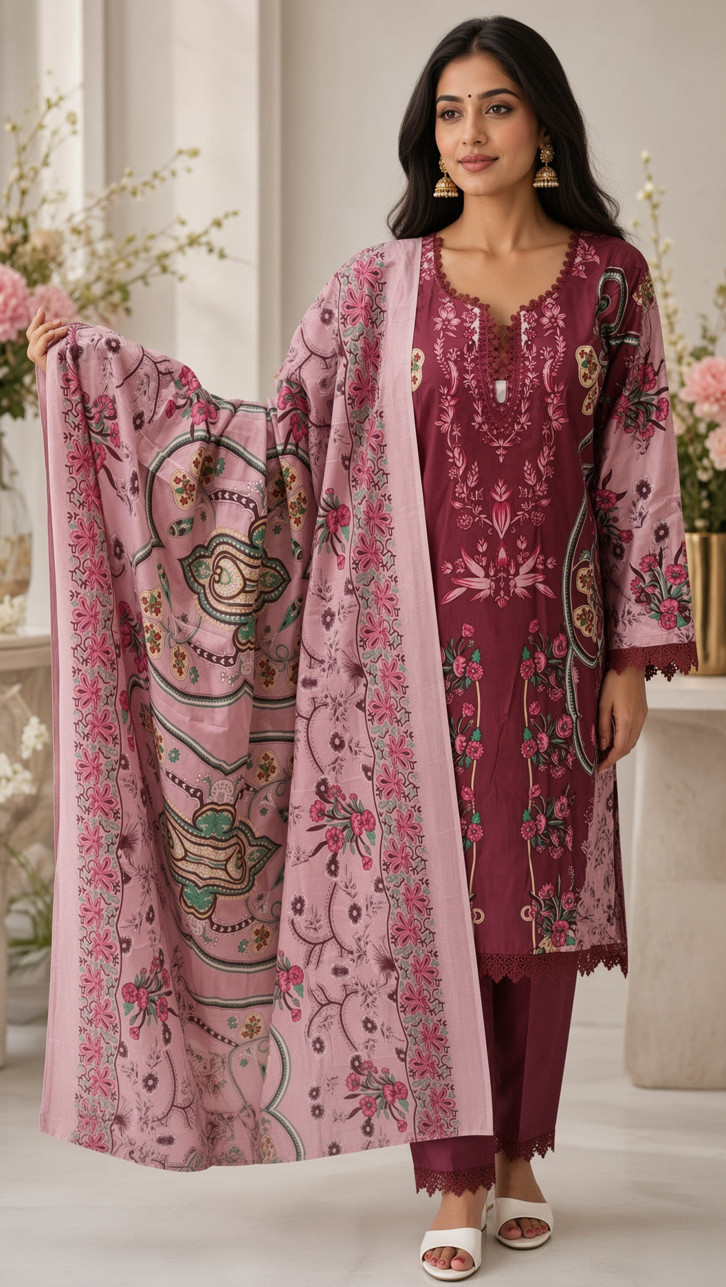 Women's Black Printed Kurta Set, Multicolored Floral Patterns, Matching Heavy Dupatta, 3-Piece Festive Salwar Suit
