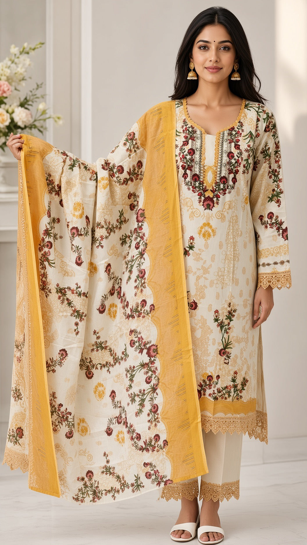 Women's Black Printed Kurta Set, Multicolored Floral Patterns, Matching Heavy Dupatta, 3-Piece Festive Salwar Suit