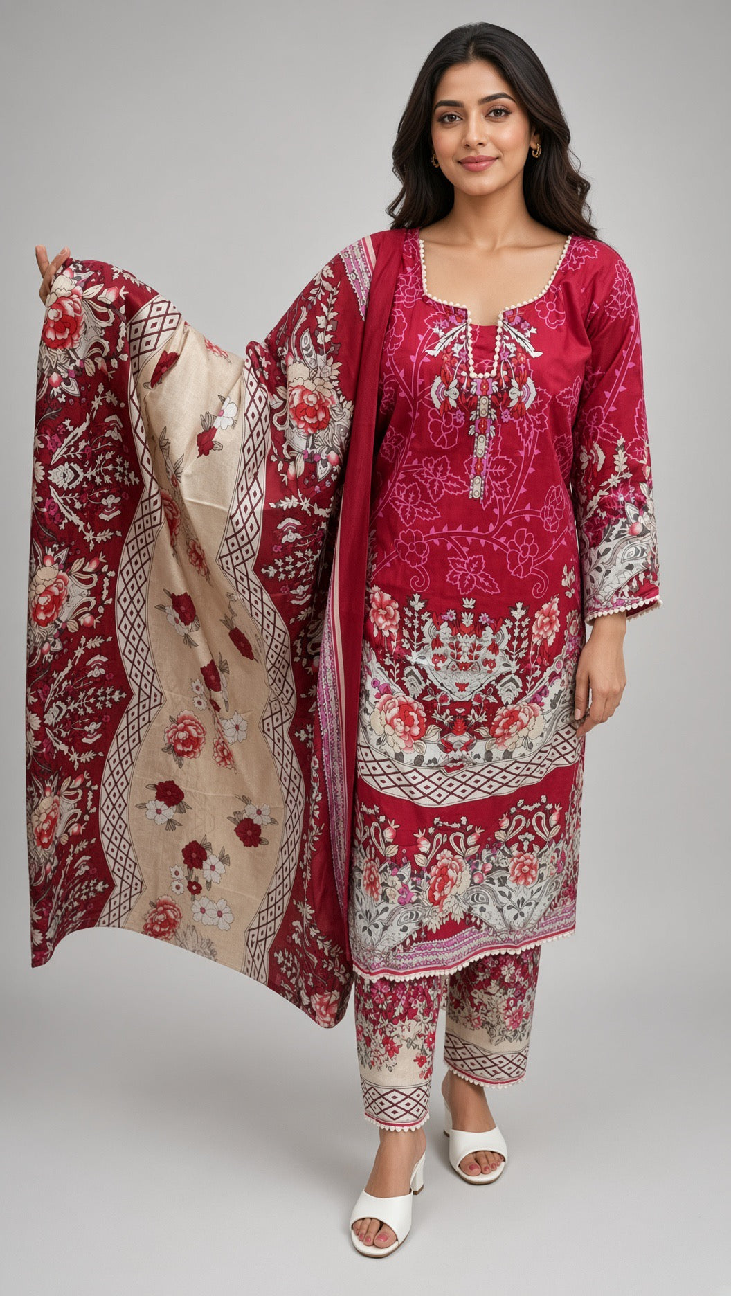 Elegant Royal Blue Straight Kurti, Pink and Cream Botanical Patterns, Printed Trousers, Premium Ethnic Wear Set