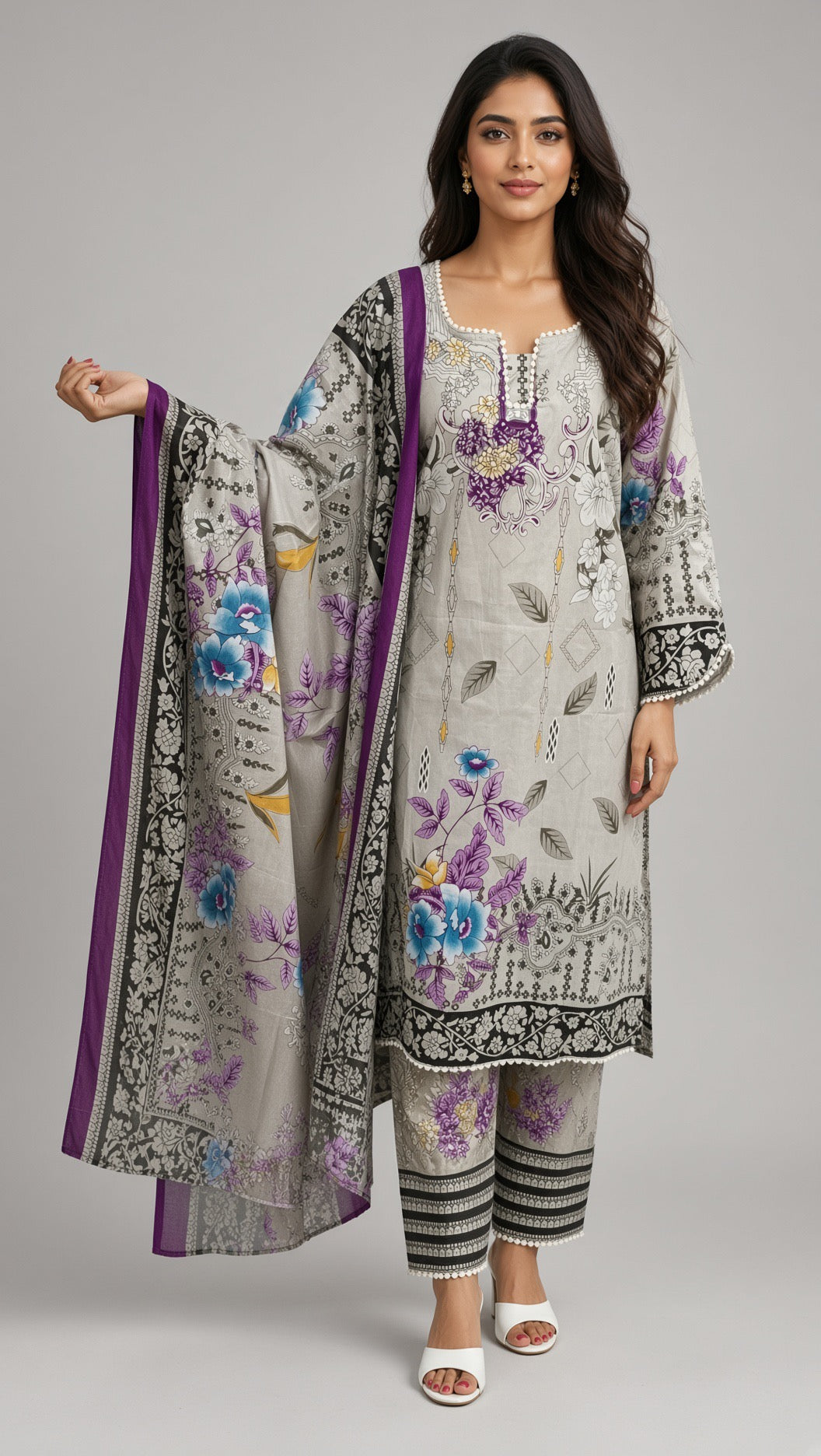 Elegant Royal Blue Straight Kurti, Pink and Cream Botanical Patterns, Printed Trousers, Premium Ethnic Wear Set