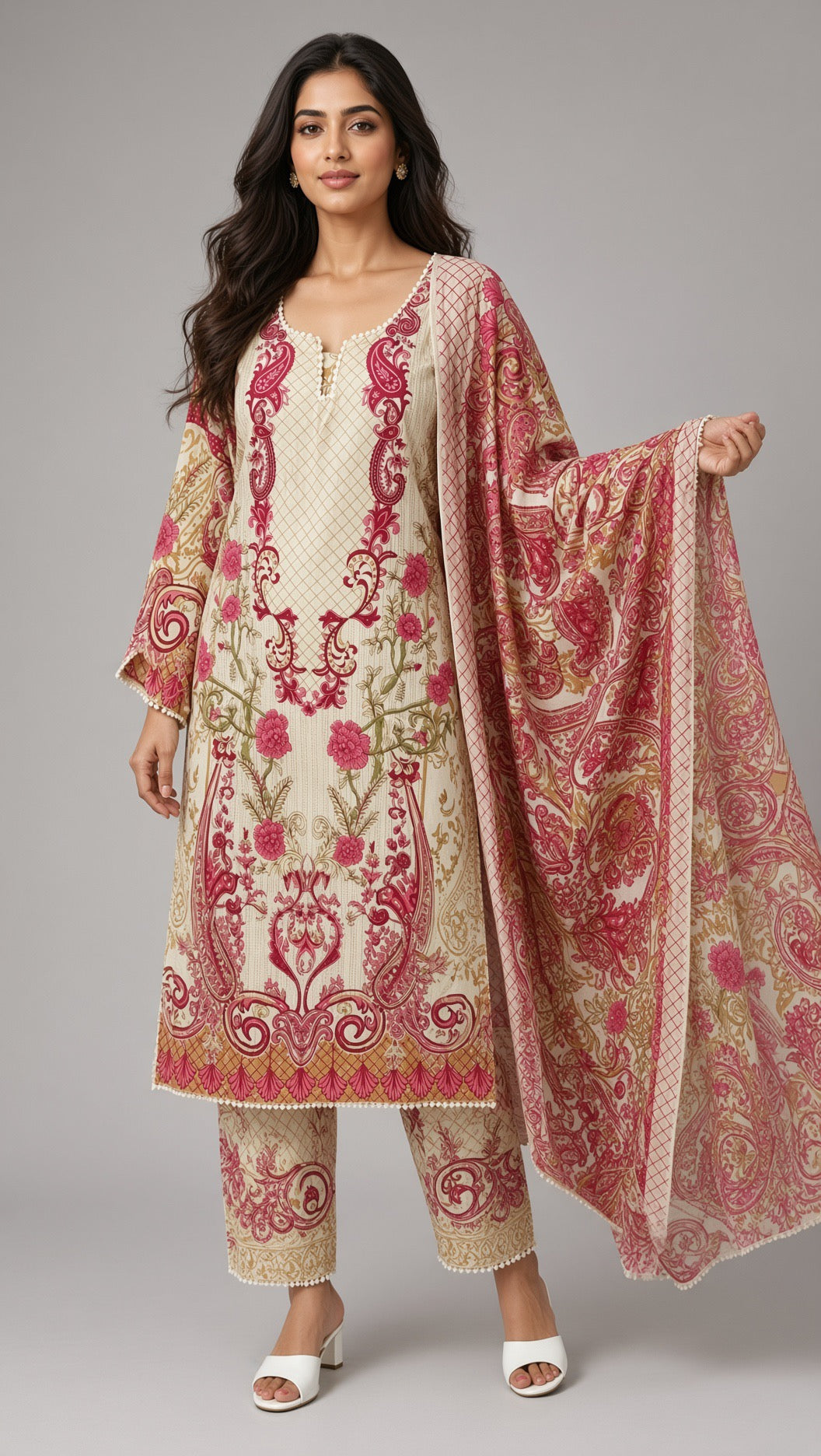 Elegant Royal Blue Straight Kurti, Pink and Cream Botanical Patterns, Printed Trousers, Premium Ethnic Wear Set