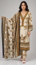 Women's Cream-Beige Kurta Set, Ochre Yellow and Charcoal Prints, Matching Heavy Dupatta, 3-Piece Festive Salwar Suit