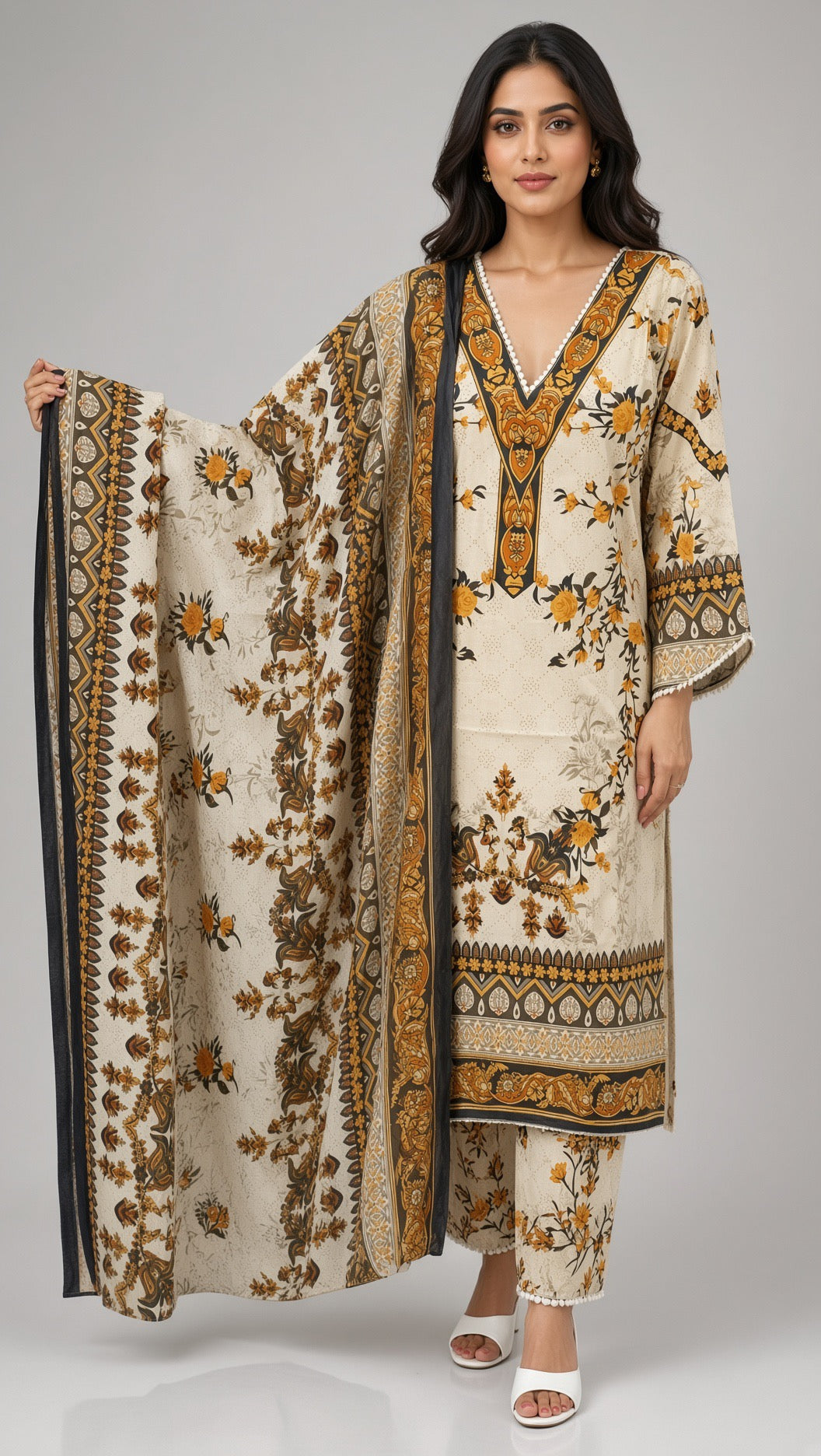 Women's Cream-Beige Kurta Set, Ochre Yellow and Charcoal Prints, Matching Heavy Dupatta, 3-Piece Festive Salwar Suit