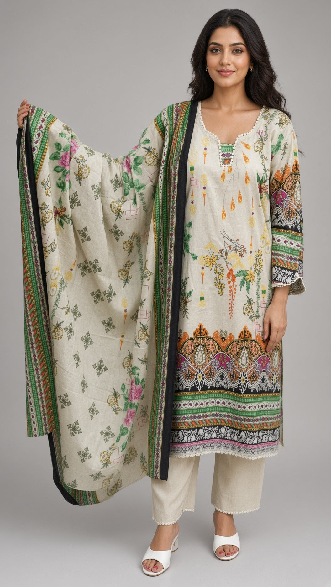 Elegant Royal Blue Straight Kurti, Pink and Cream Botanical Patterns, Printed Trousers, Premium Ethnic Wear Set