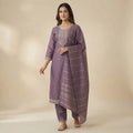Women's Mauve Purple Kurta Set, Silver Zari Intricate Neckline, Striped Dupatta, 3-Piece Festive Salwar Suit