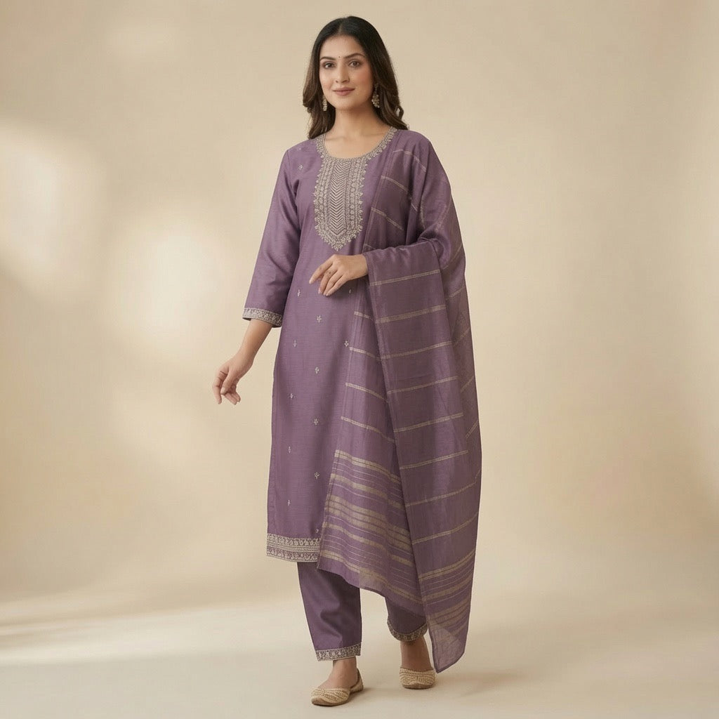 Women's Mauve Purple Kurta Set, Silver Zari Intricate Neckline, Striped Dupatta, 3-Piece Festive Salwar Suit