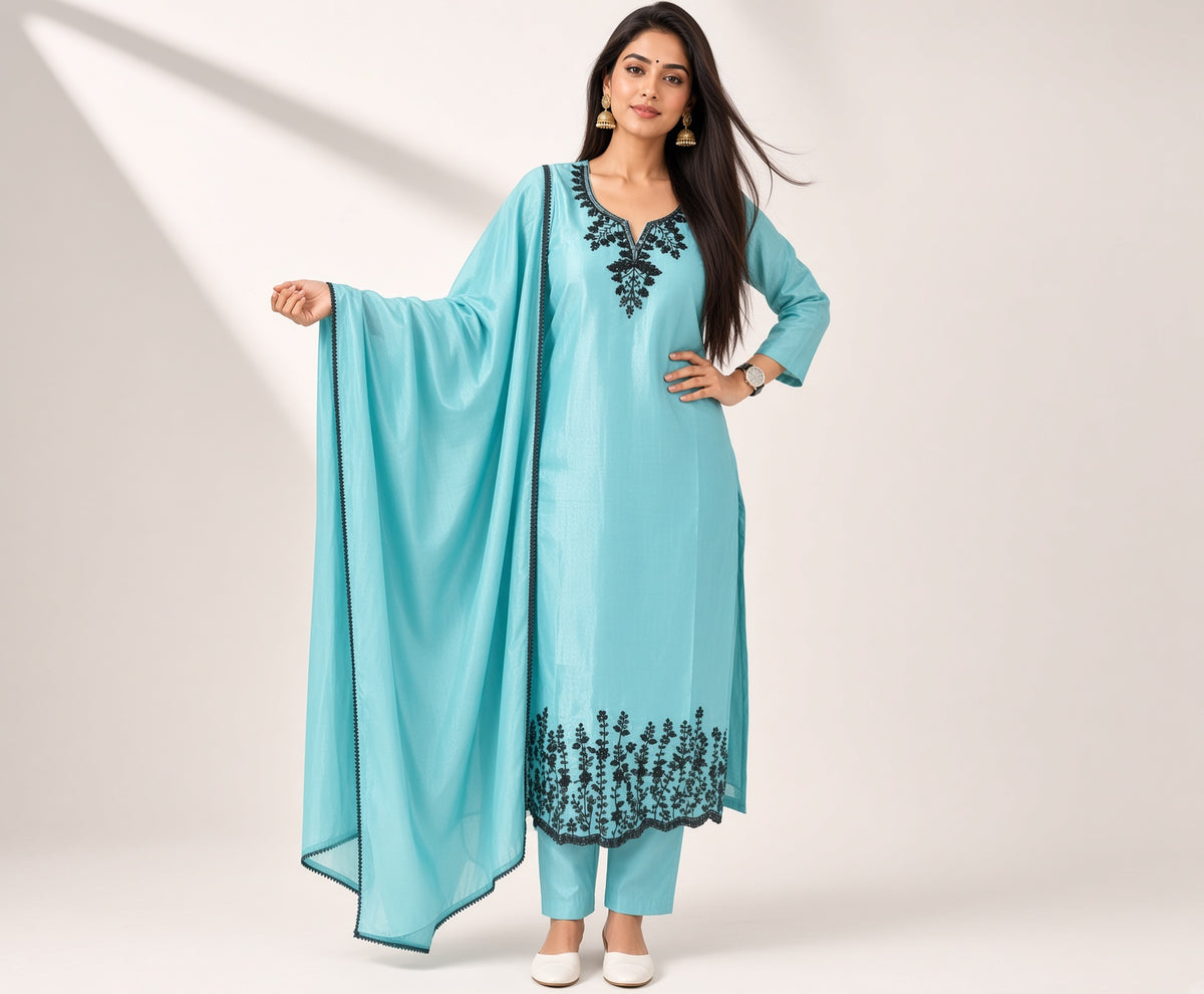 Women's Sky Blue Straight Kurta with Black Floral Embroidery