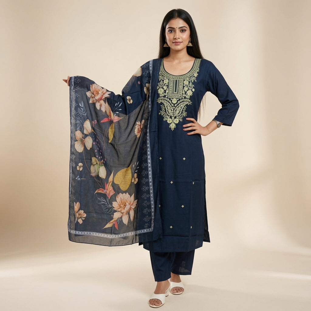 Women’s Purple Embroidered Kurta Pant Set with Floral Printed Dupatta