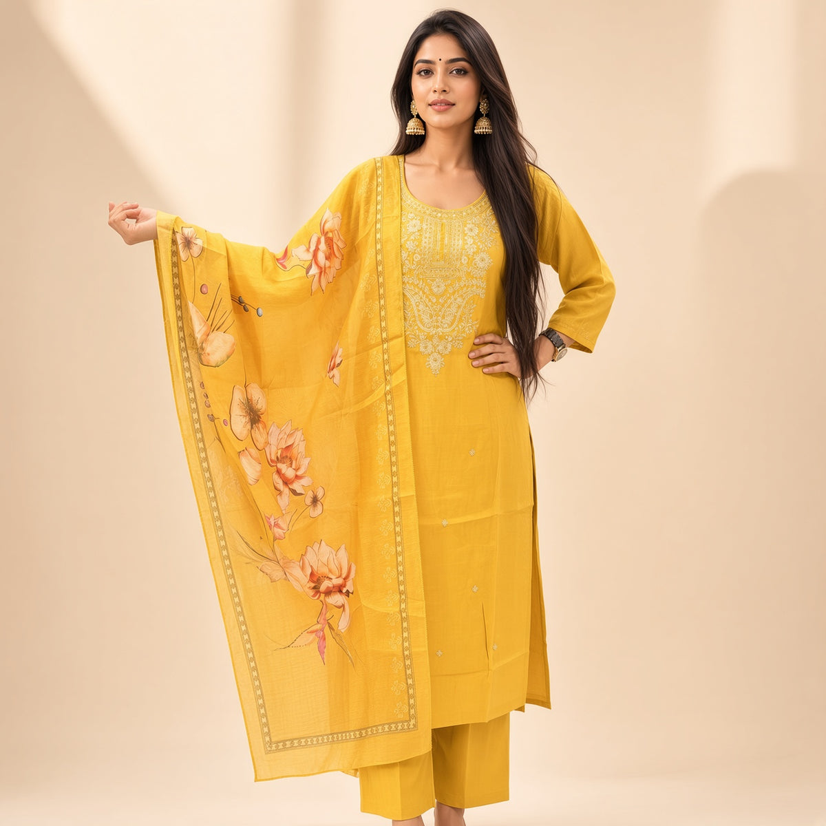 Women’s Purple Embroidered Kurta Pant Set with Floral Printed Dupatta