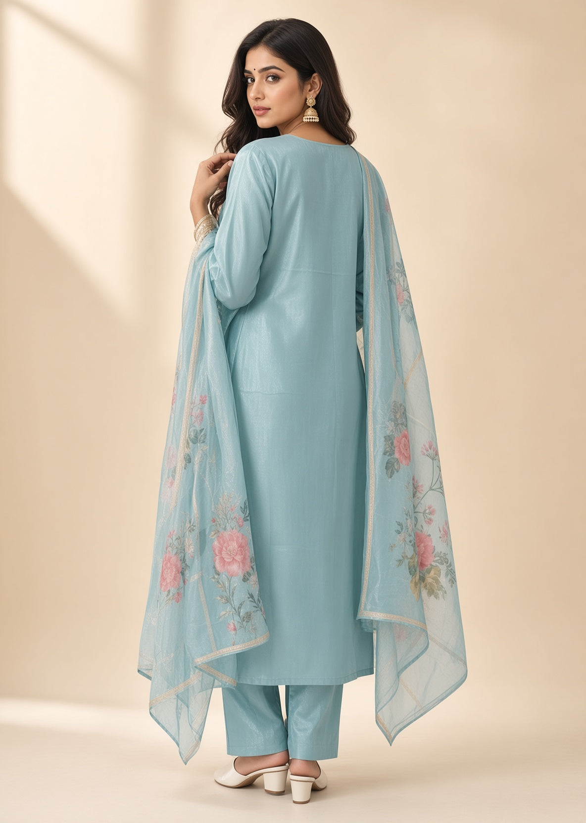 Pastel Blue Floral Embroidery Suit Set