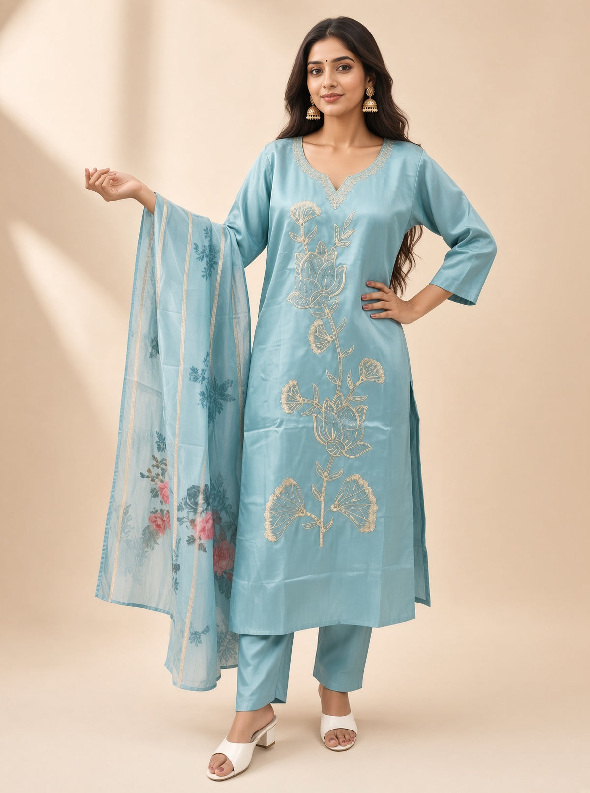 Pastel Blue Floral Embroidery Suit Set