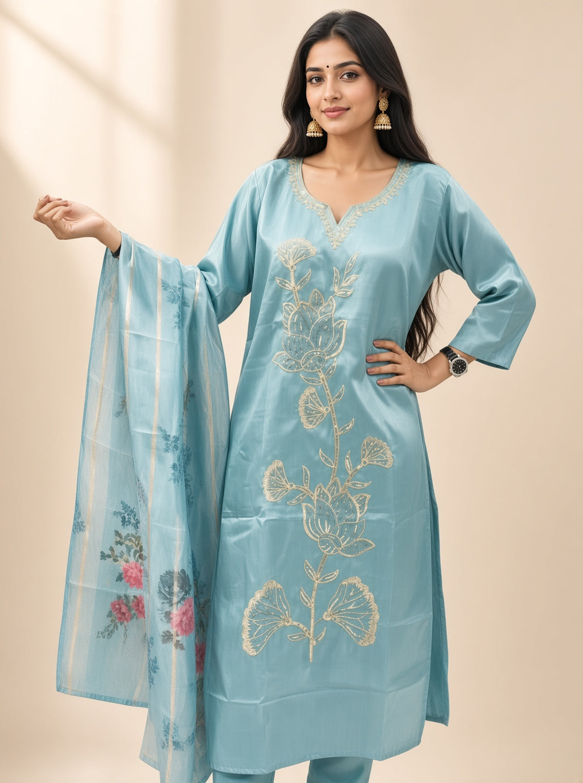 Pastel Blue Floral Embroidery Suit Set