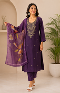 Women’s Purple Embroidered Kurta Pant Set with Floral Printed Dupatta